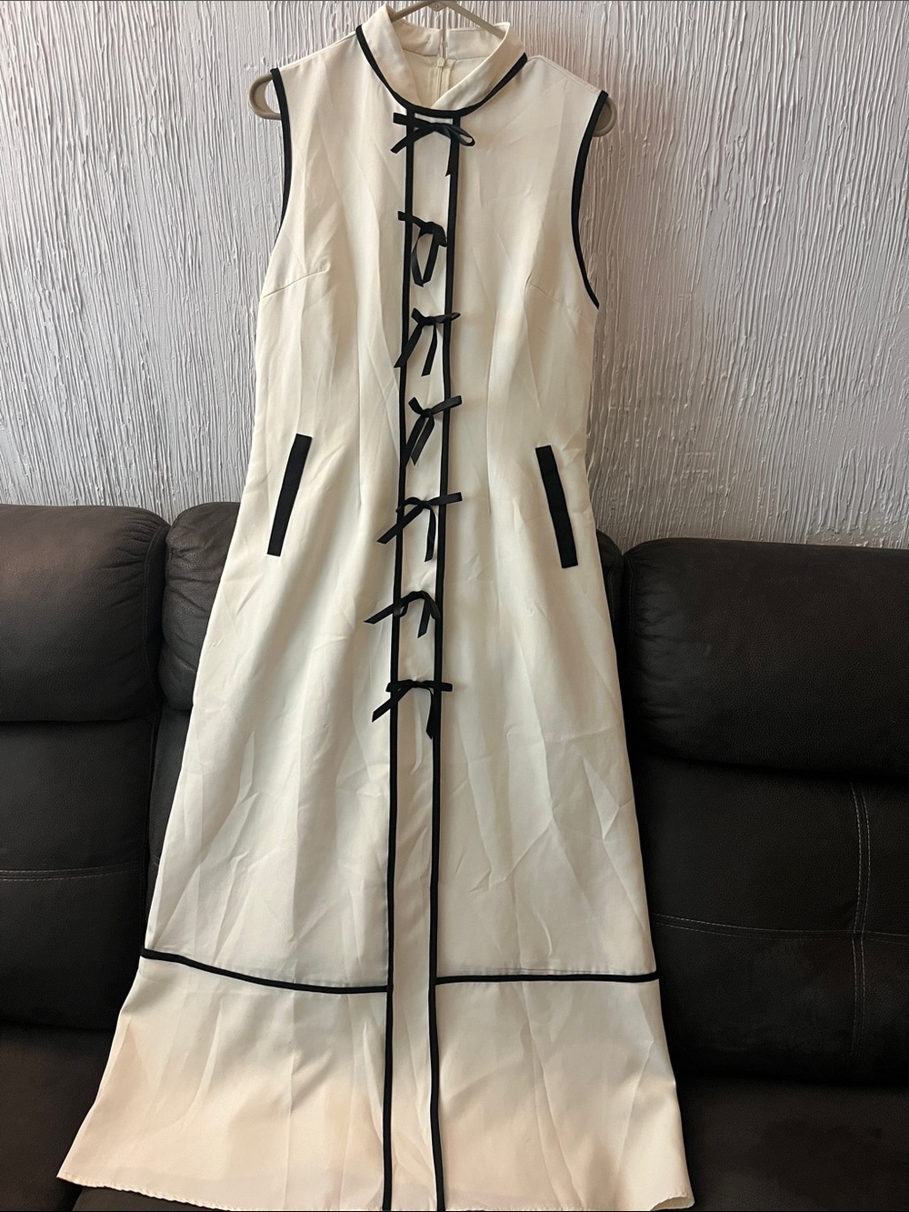 SHEIN Cream Maxi Dress with Black Trim and Front Ties